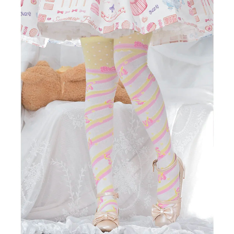 New version wide-stripe yellow-pink color / Over-the-knee socks - original supplier photograph