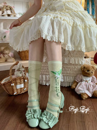 RojiRoji - Lily of the Valley - Pure-Cotton Short Socks with Bow Detail - Green / Mesh construction, cool and breathable