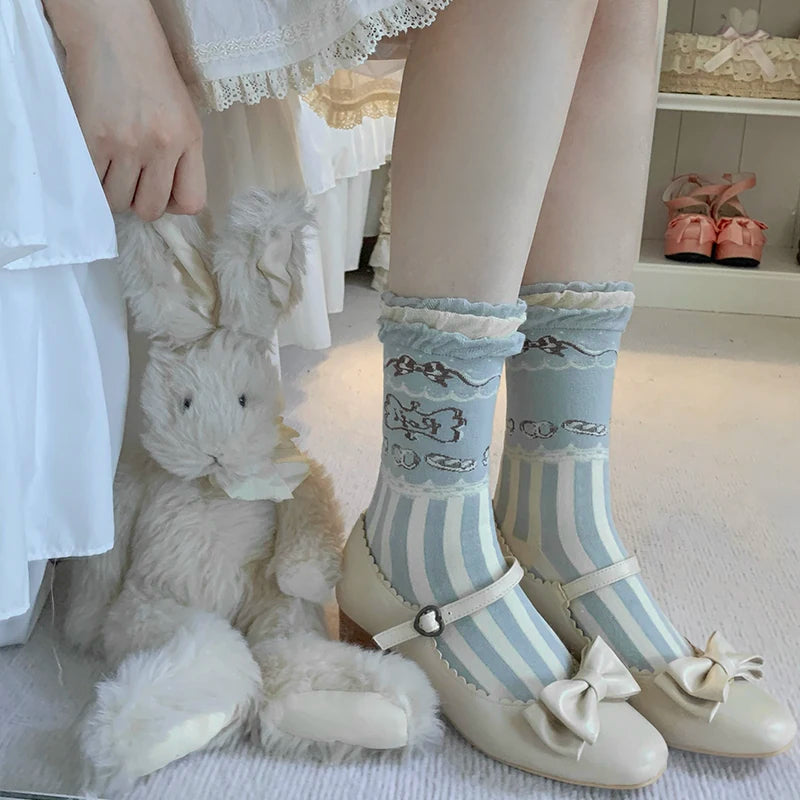 RojiRoji — Pastry Stripe — Cotton Short Socks with Pastry Motifs
