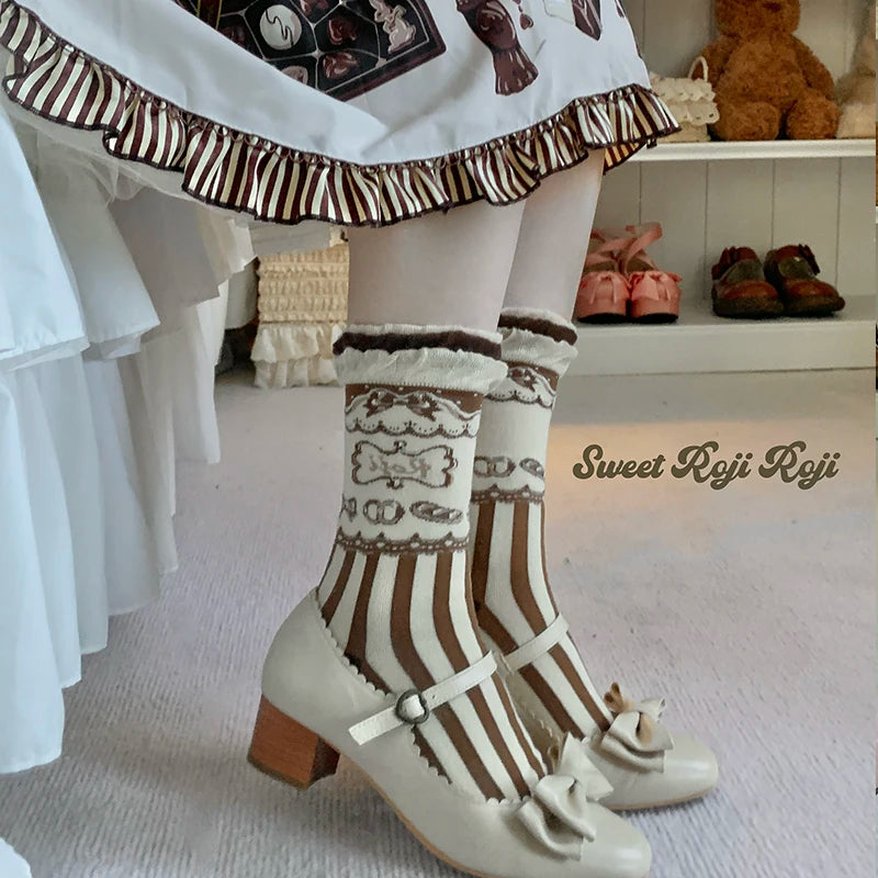 RojiRoji — Pastry Stripe — Cotton Short Socks with Pastry Motifs
