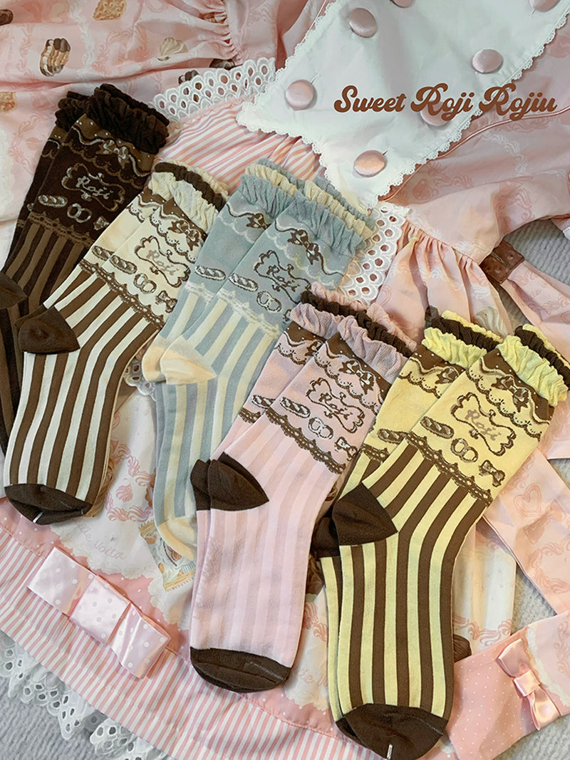 RojiRoji — Pastry Stripe — Cotton Short Socks with Pastry Motifs
