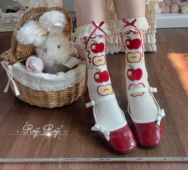 RojiRoji — Eden Garden — Apple Motif Short Socks with Lace Bow Cuffs