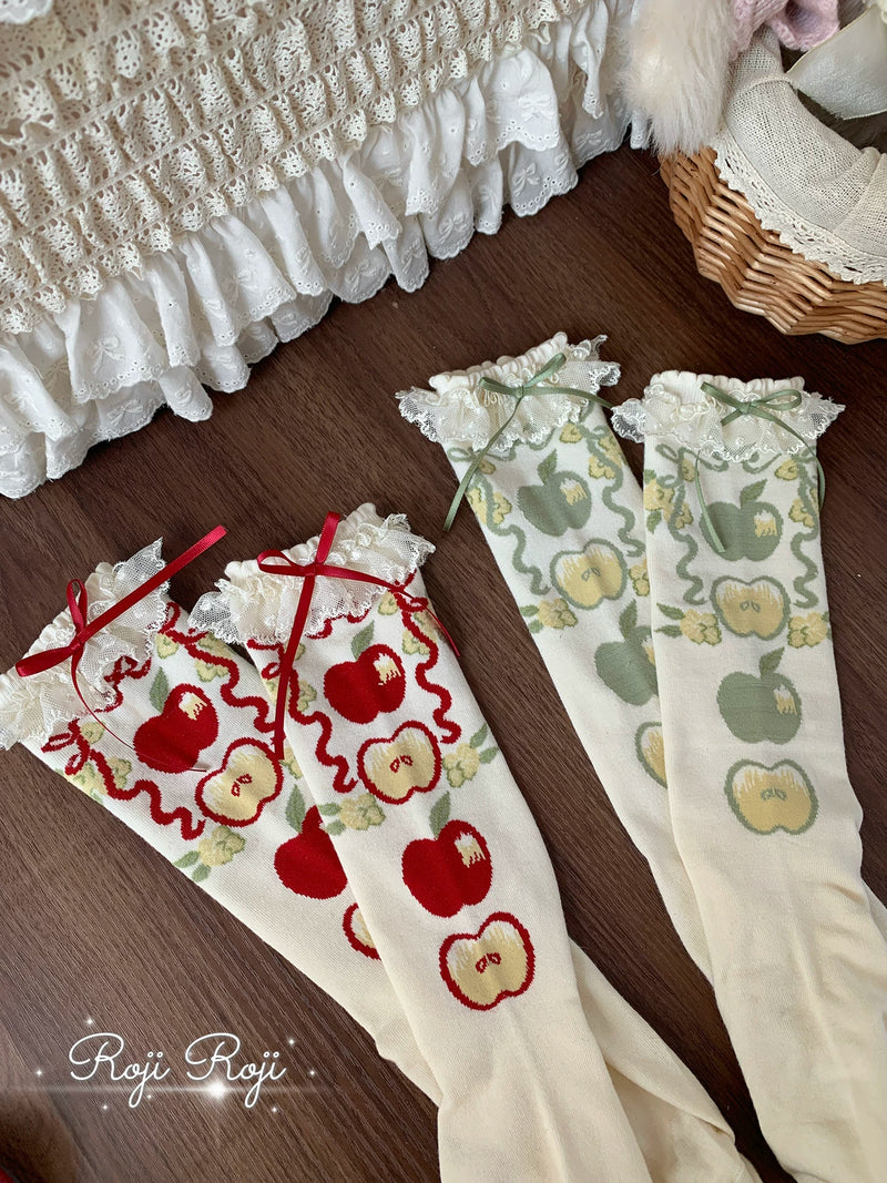 RojiRoji — Eden Garden — Apple Motif Short Socks with Lace Bow Cuffs