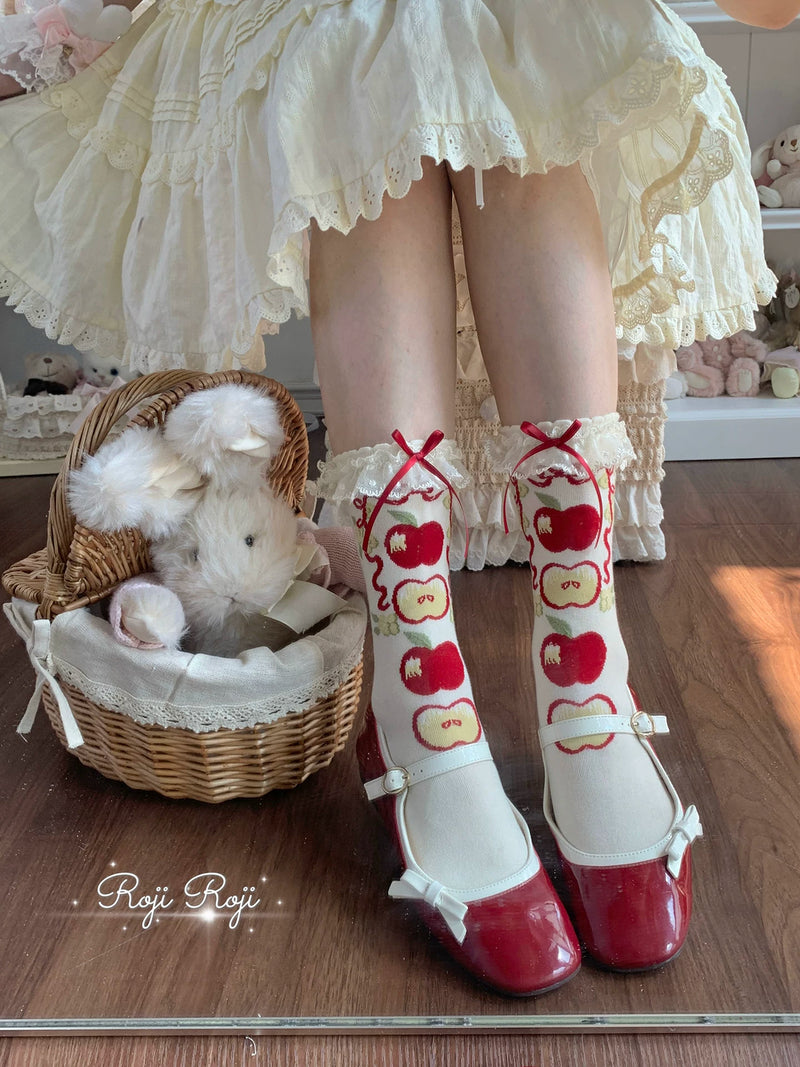RojiRoji — Eden Garden — Apple Motif Short Socks with Lace Bow Cuffs