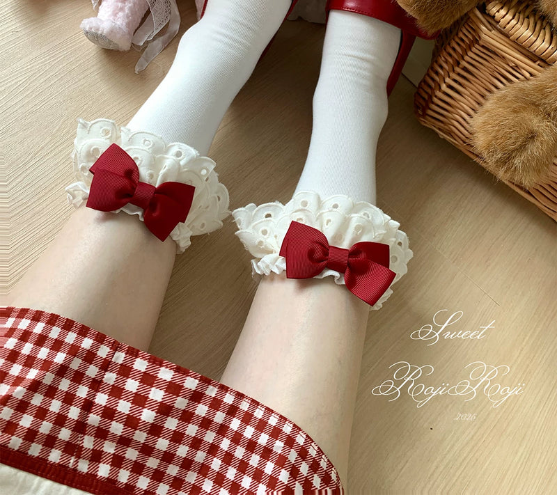 RojiRoji — Rose Tea Party — Cotton Mid-Calf Socks with Lace and Bows