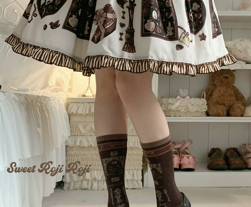 RojiRoji — Afternoon Cocoa — Cotton Mid-Calf Socks with Chocolate Graphics