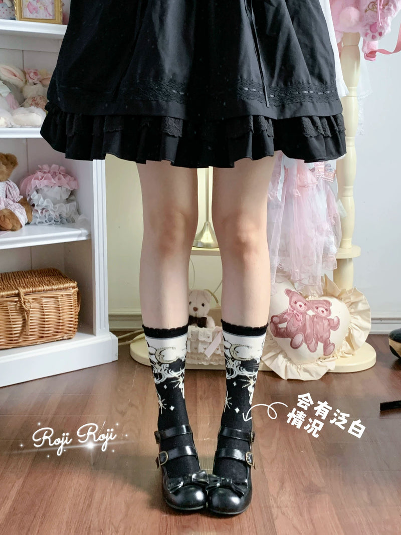 RojiRoji — Star Moon — Mid-Calf Socks with Star-and-Moon Motif