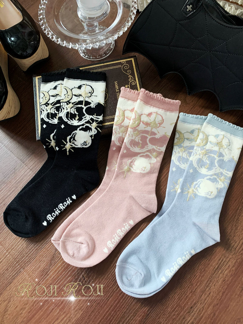 RojiRoji — Star Moon — Mid-Calf Socks with Star-and-Moon Motif