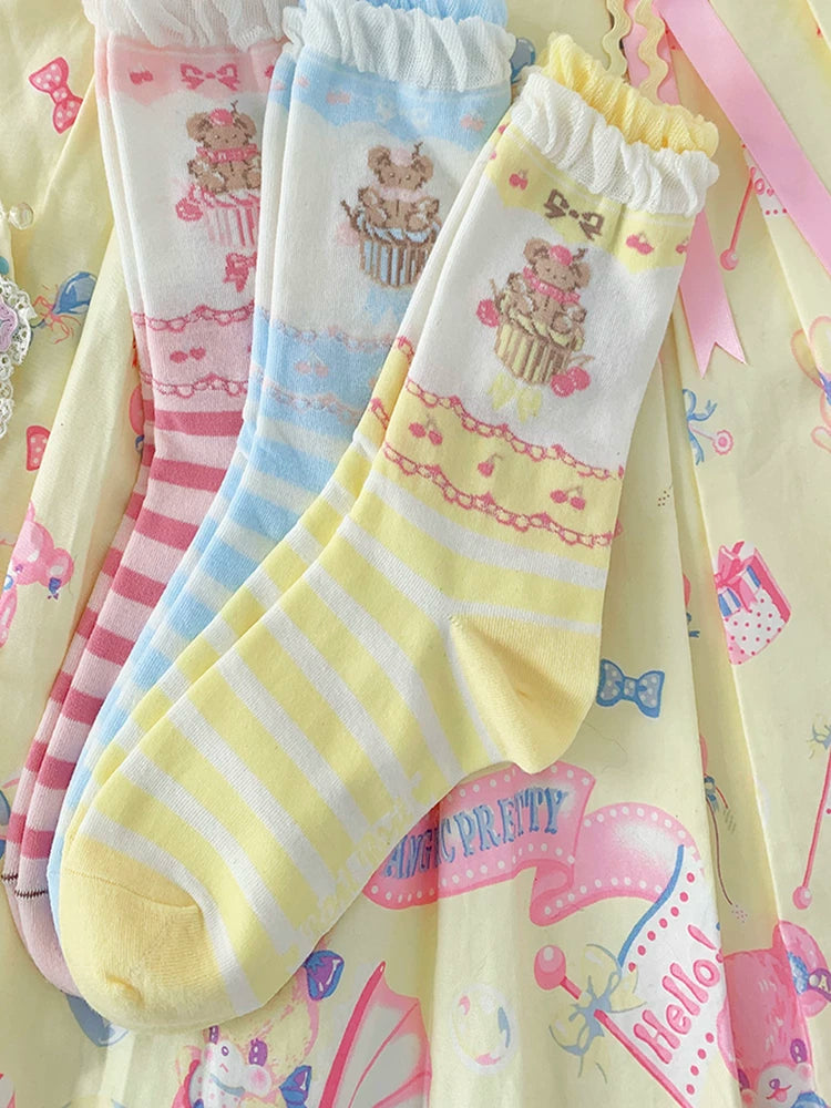 RojiRoji — Bear Cupcake — Mid-Calf Socks with Bear-in-Cupcake Motif