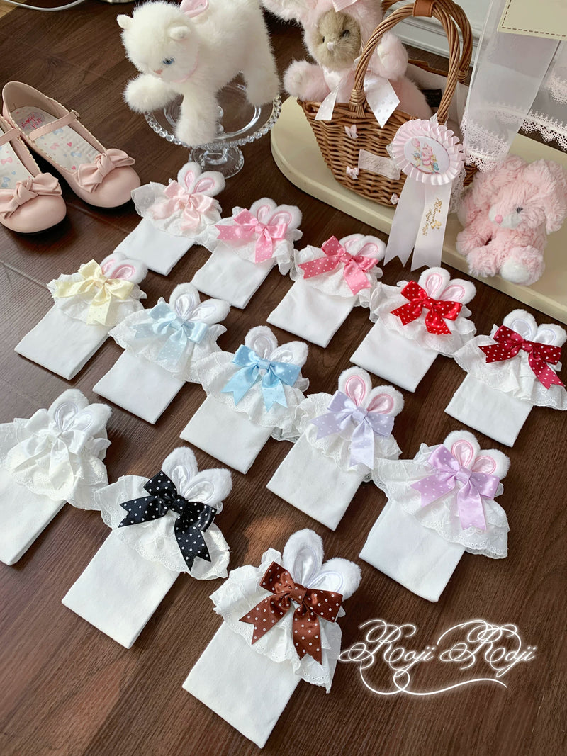 RojiRoji — Bunny Bow Polka Dot — Short Bunny-Ear Socks with Lace Cuffs