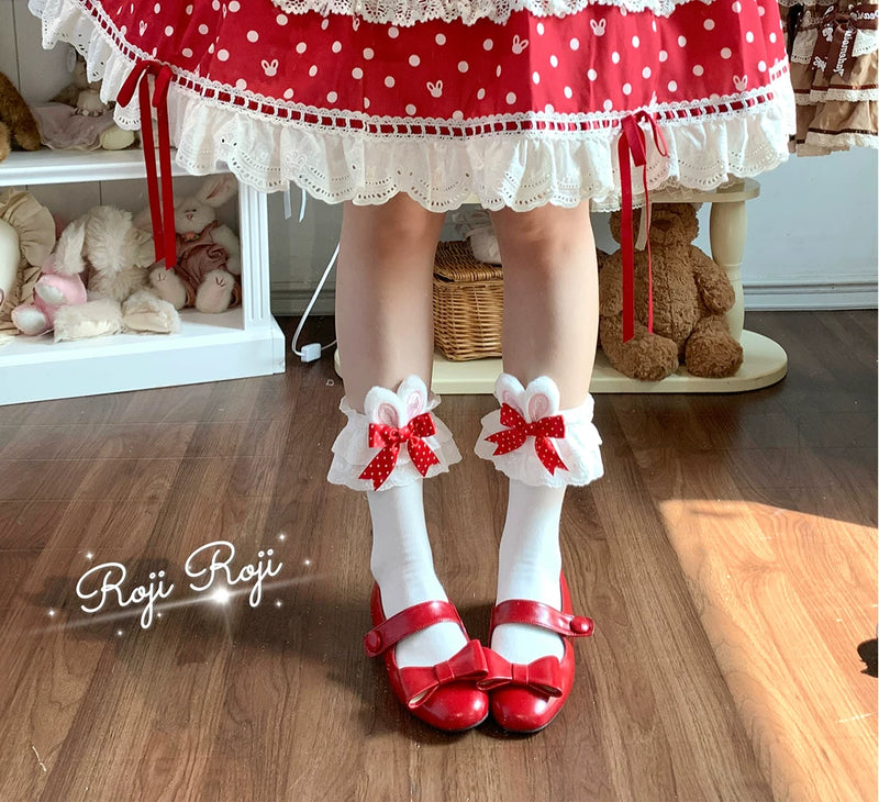 RojiRoji — Bunny Bow Polka Dot — Short Bunny-Ear Socks with Lace Cuffs