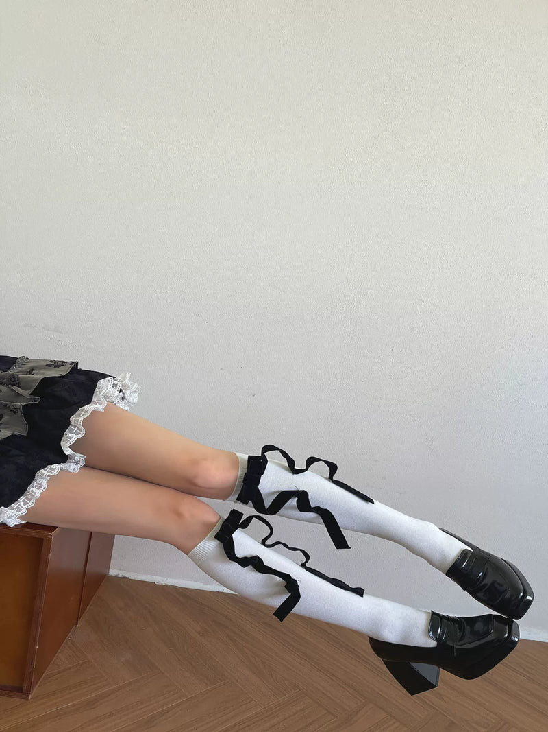 WAGUIR — Double Flocked Bow — Layered-Bow Mid-Calf Socks