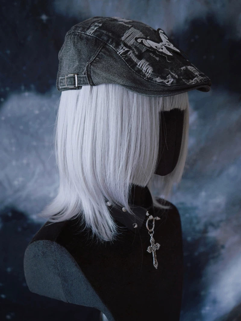 Black and Grey Distressed Denim Butterfly Flat Cap by Strange Sugar - product view 4