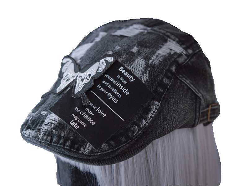Black and Grey Distressed Denim Butterfly Flat Cap by Strange Sugar - product view 5