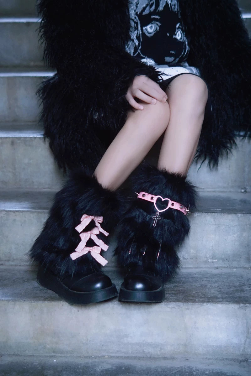Black and Pink Faux Fur Leg Warmers by Strange Sugar - product view 3