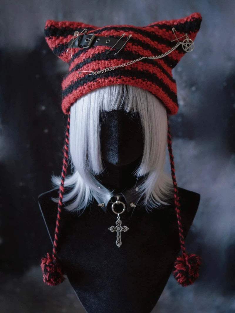 Black and Red Striped Cat Ear Knit Hat by Strange Sugar - product view 3