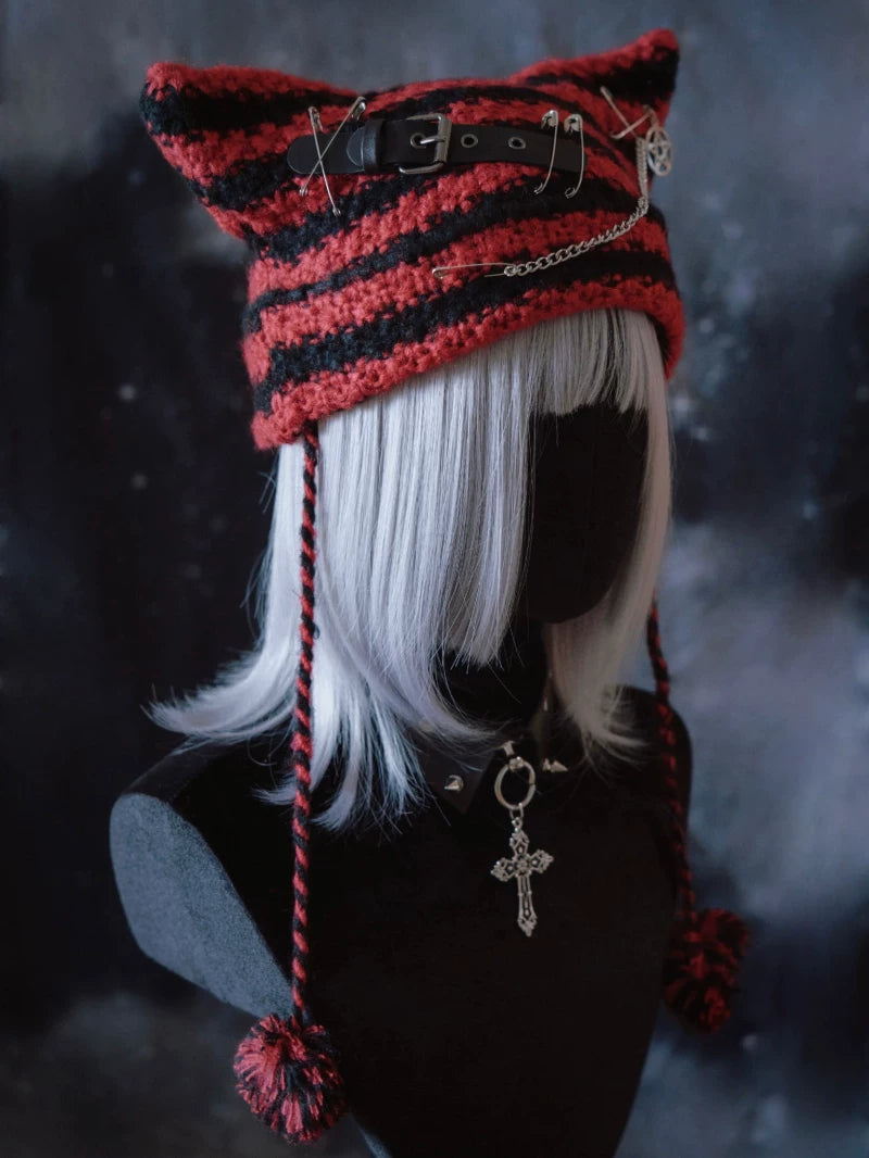 Black and Red Striped Cat Ear Knit Hat by Strange Sugar - product view 4