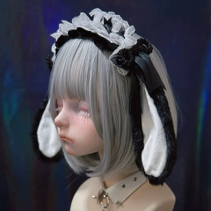Black and White Floppy Bunny Ear Lace Headband by Strange Sugar - product view 3