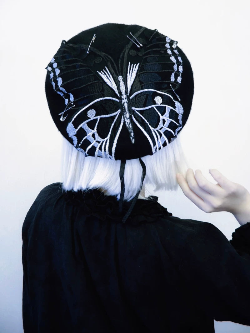 Black Butterfly Embroidered Beret by Strange Sugar - product view 4
