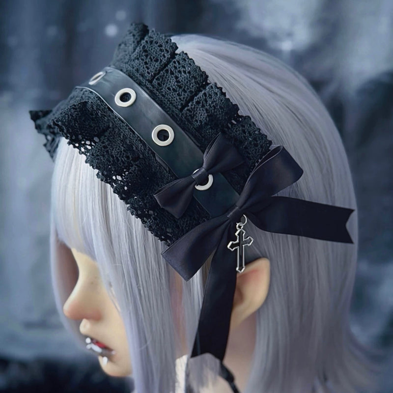 Black Faux Leather Punk Bow Lace Headdress by Strange Sugar - product view 4