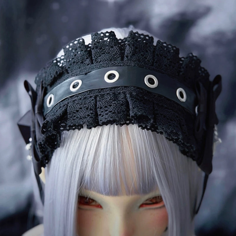 Black Faux Leather Punk Bow Lace Headdress by Strange Sugar - product view 5