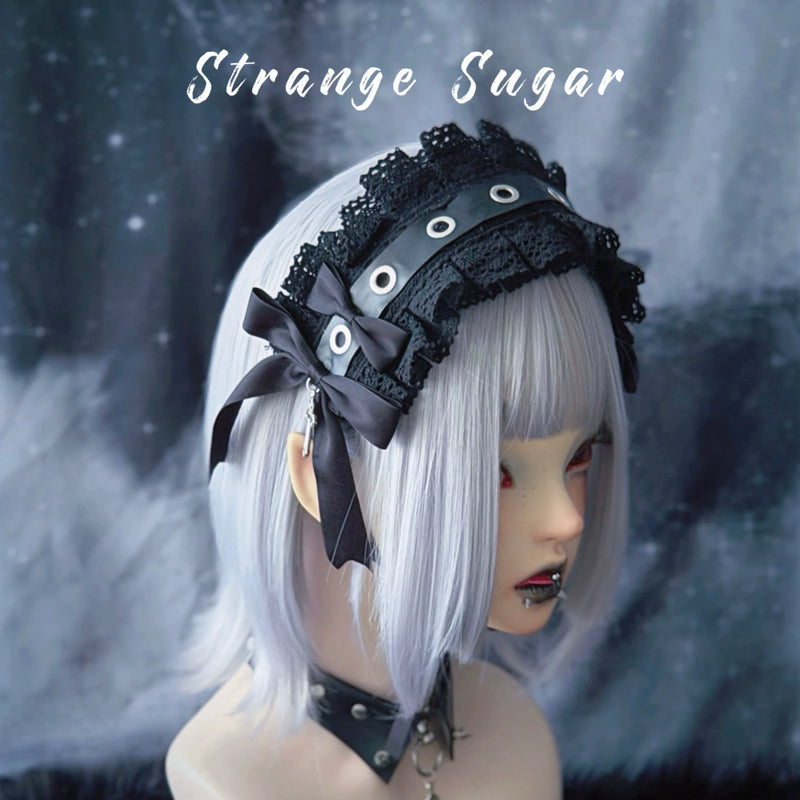Black Faux Leather Punk Bow Lace Headdress by Strange Sugar - product view 6