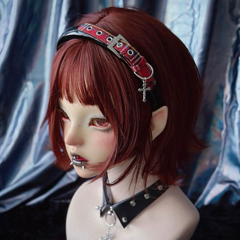 Black Faux Leather Red Tartan Cross Headband by Strange Sugar - product view 4