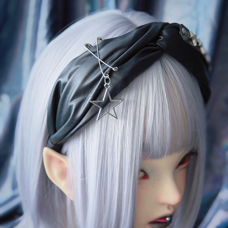 Black Faux Leather Star Stud Crossed Headband by Strange Sugar - product view 5