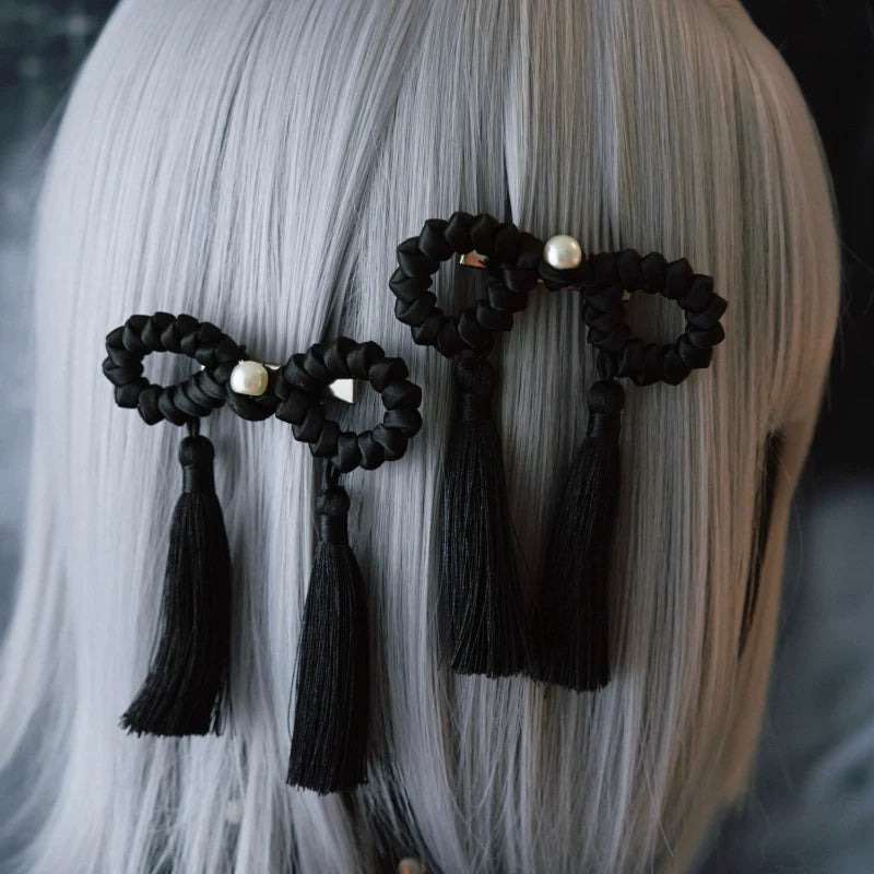 Black Faux Pearl Tassel Hair Clips by Strange Sugar - product view 6