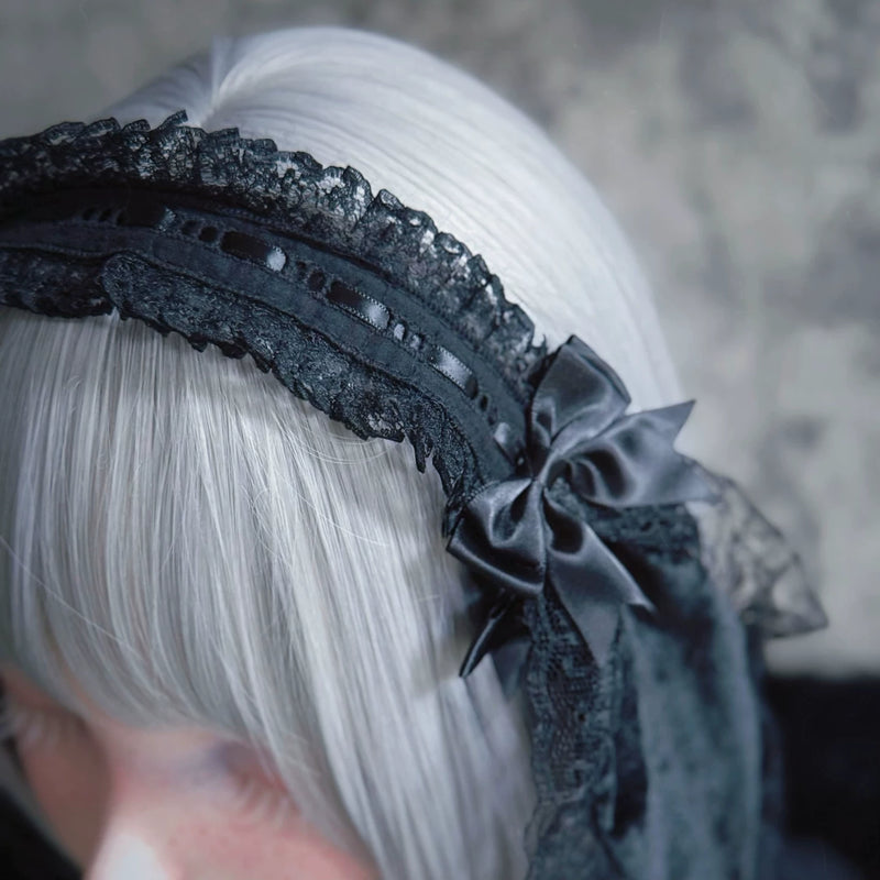 Black Floppy Bunny Ear Lace Ribbon Headband by Strange Sugar - product view 5