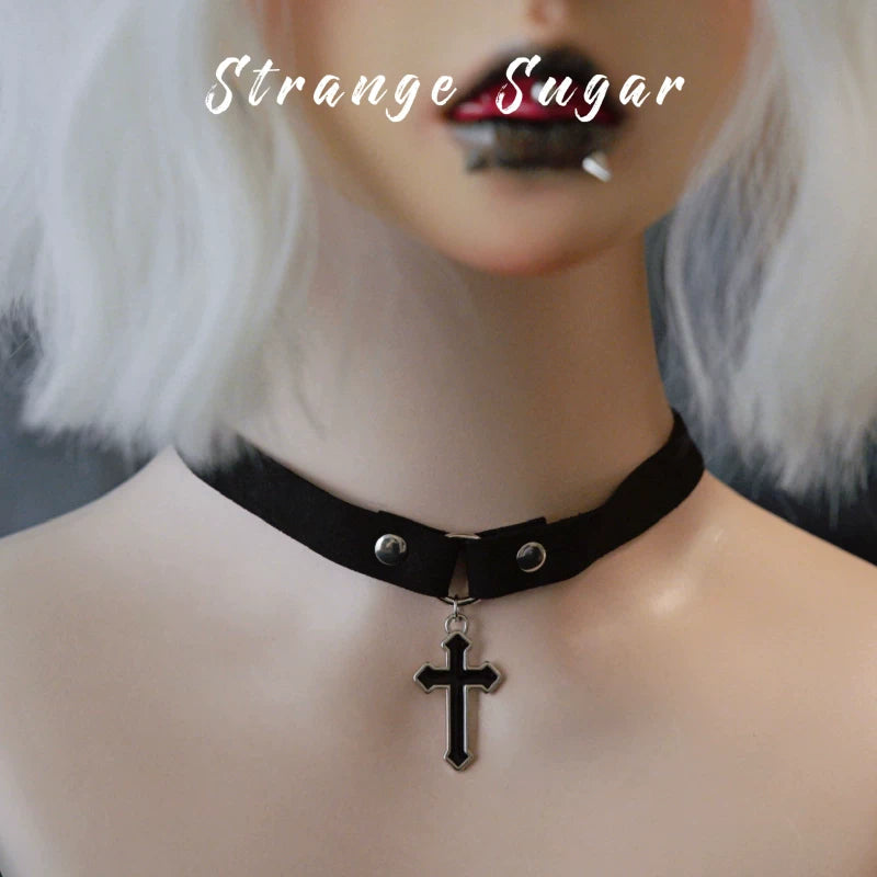 Black Narrow Faux Leather Charm Chokers by Strange Sugar - product view 3