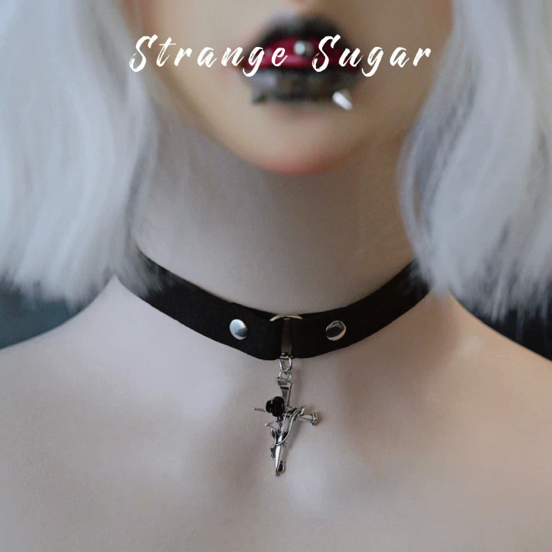 Black Narrow Faux Leather Charm Chokers by Strange Sugar - product view 4