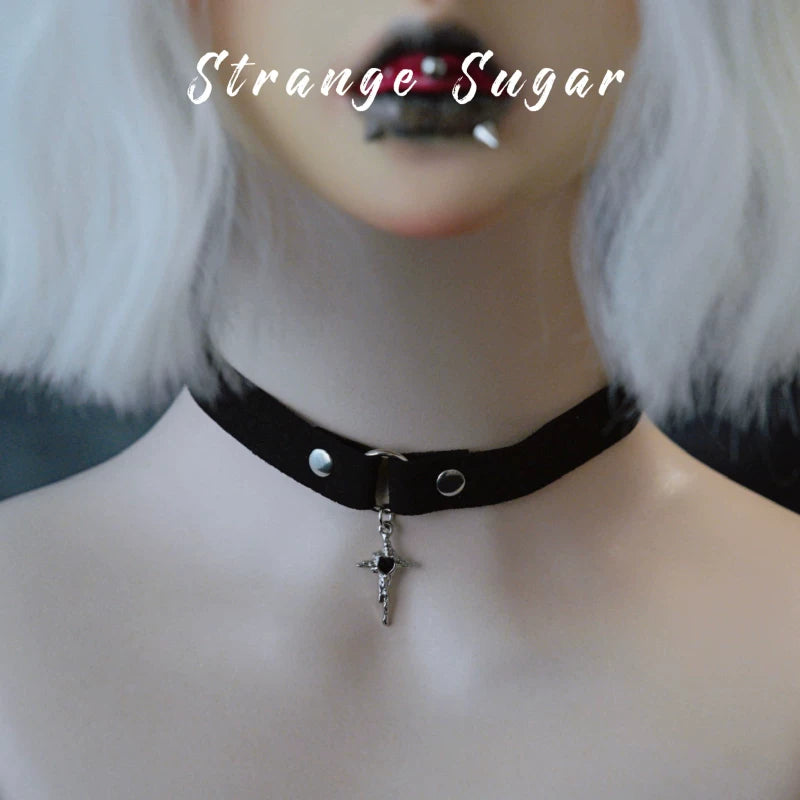 Black Narrow Faux Leather Charm Chokers by Strange Sugar - product view 5