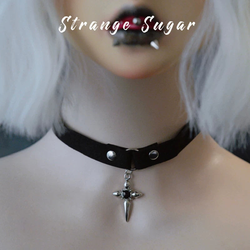 Black Narrow Faux Leather Charm Chokers by Strange Sugar - product view 8