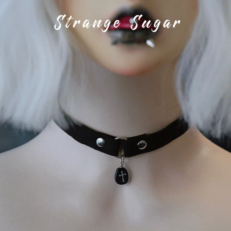 Black Narrow Faux Leather Charm Chokers by Strange Sugar - product view 9