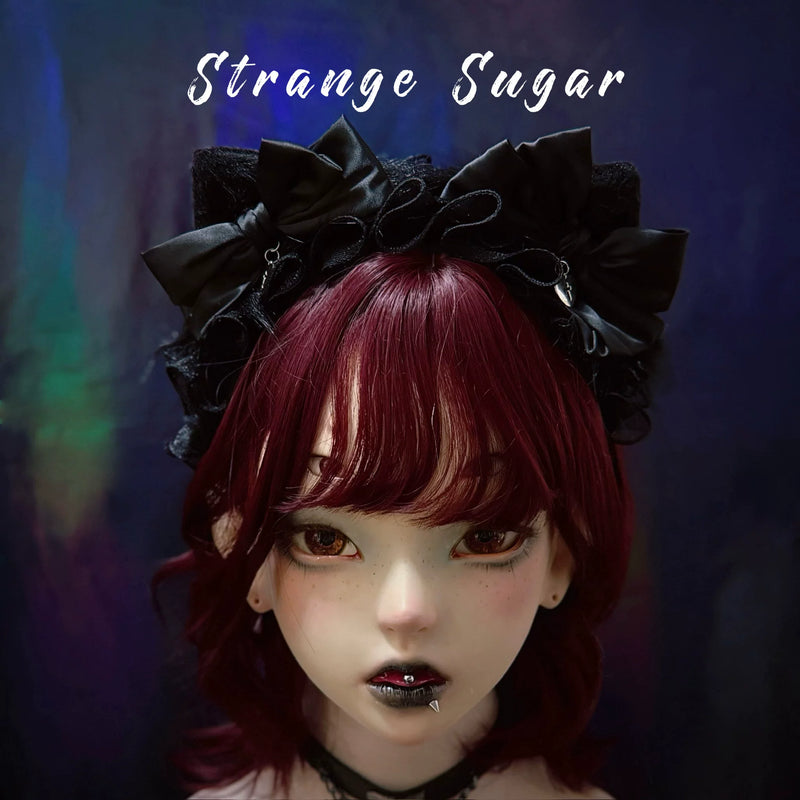 Black Plush Cat Ear Ribbon Bow Headband by Strange Sugar - product view 5