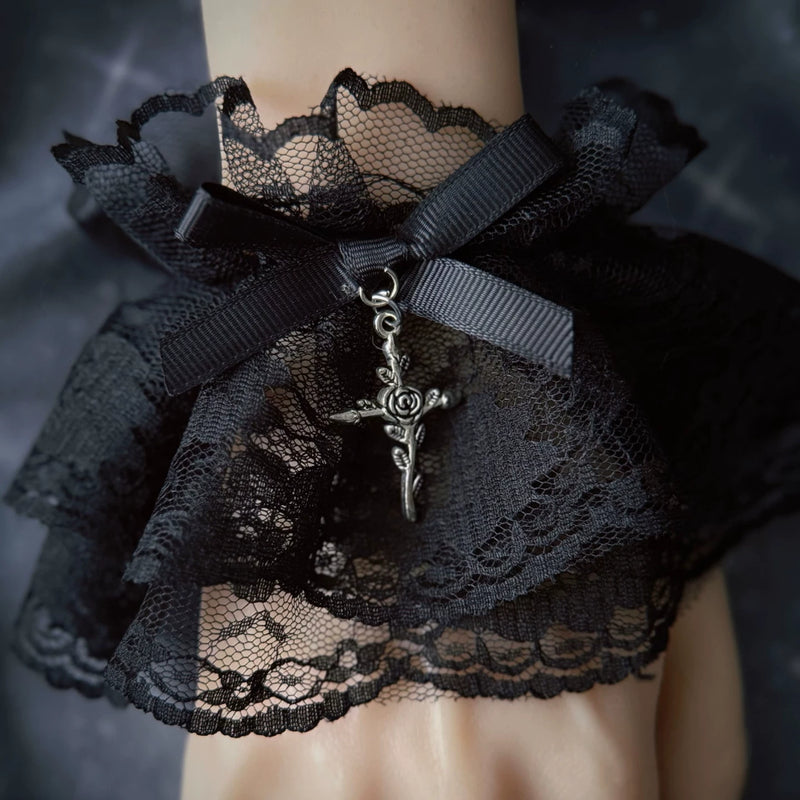 Black Rose Bow Cross Lace Wrist Cuffs by Strange Sugar - product view 3