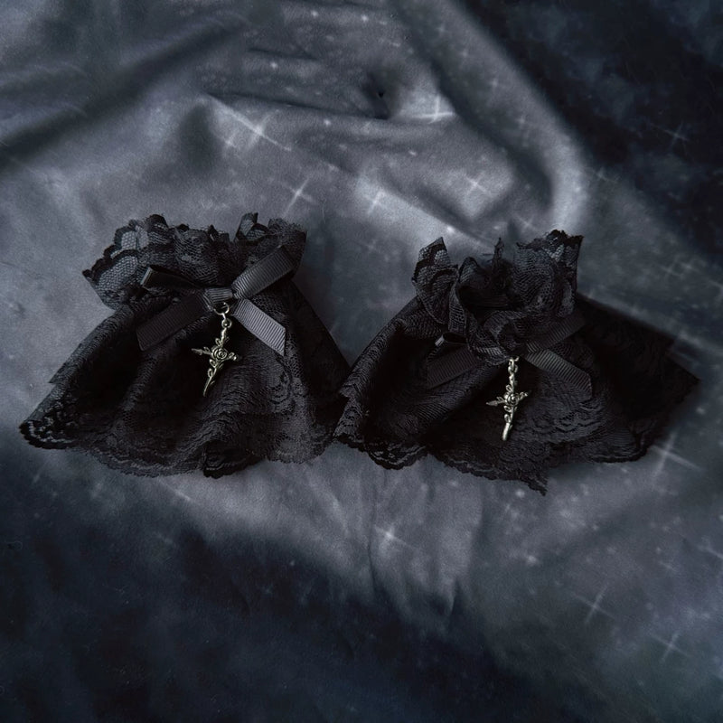 Black Rose Bow Cross Lace Wrist Cuffs by Strange Sugar - product view 5