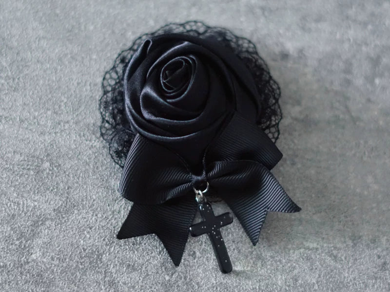 Black Rose Satin Lace Cross Hair Clip by Strange Sugar - product view 4