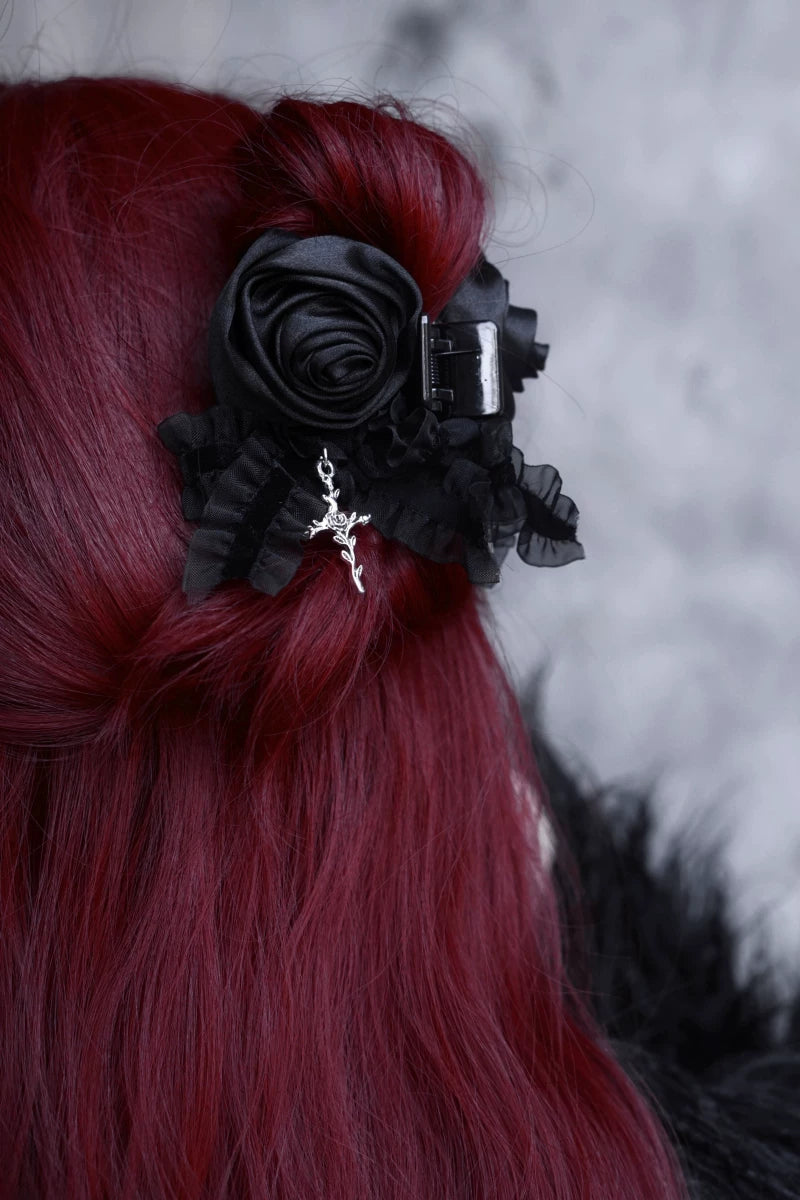 Black Satin Rose Bow Claw Clip by Strange Sugar - product view 4