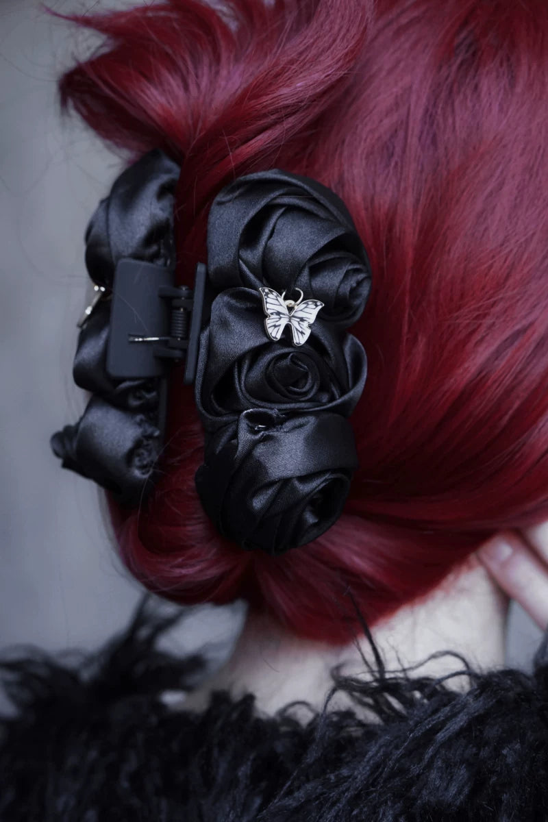 Black Satin Rose Bow Claw Clip by Strange Sugar - product view 6
