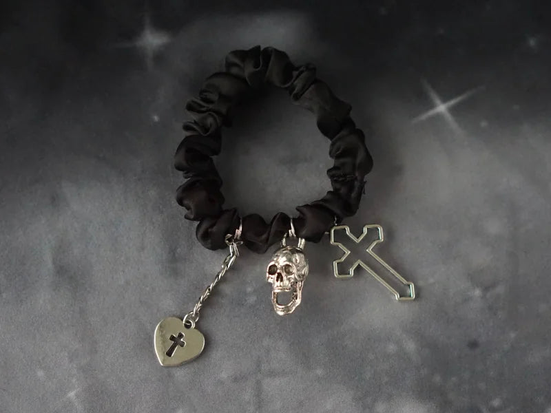 Black Skull Cross and Spider Charm Scrunchies by Strange Sugar - product view 6