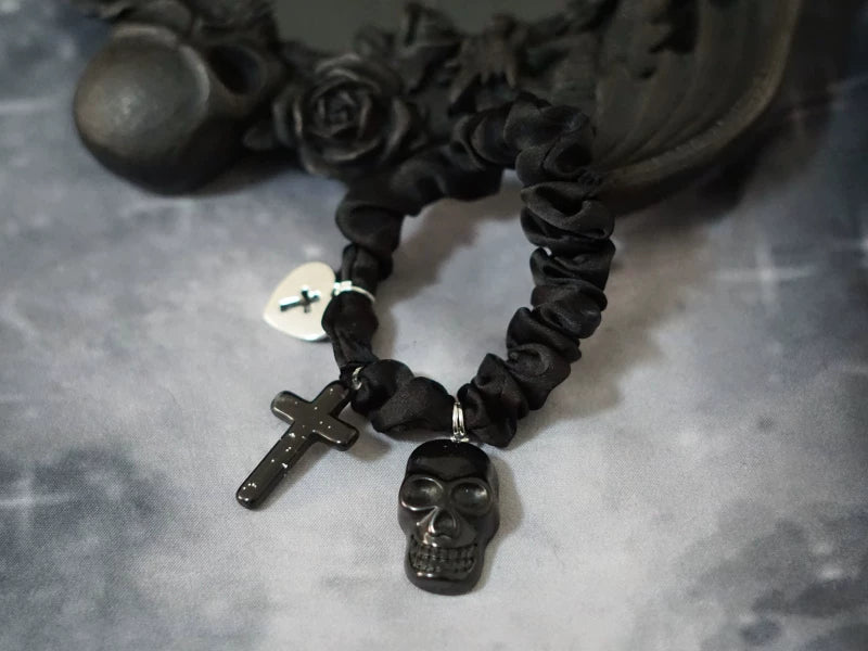 Black Skull Cross and Spider Charm Scrunchies by Strange Sugar - product view 7