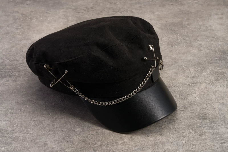 Black Square Buckle Chain Newsboy Hat by Strange Sugar - product view 6