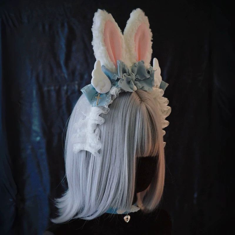 Blue and White Plush Winged Bunny Ear Headbands by Strange Sugar - product view 3
