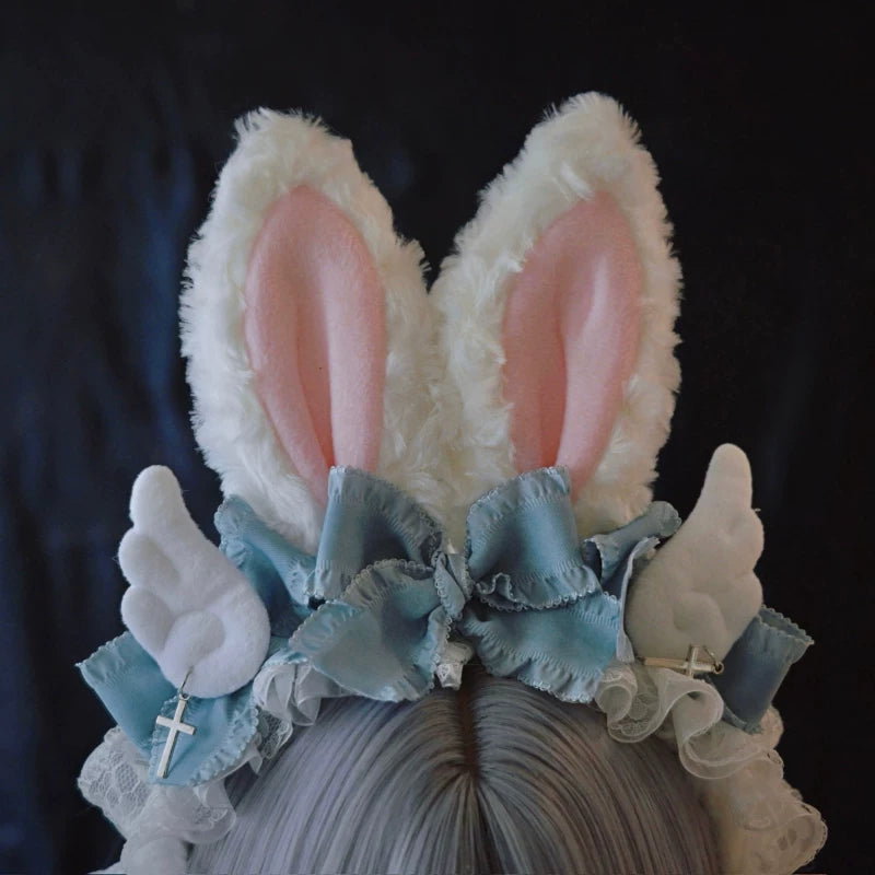 Blue and White Plush Winged Bunny Ear Headbands by Strange Sugar - product view 4