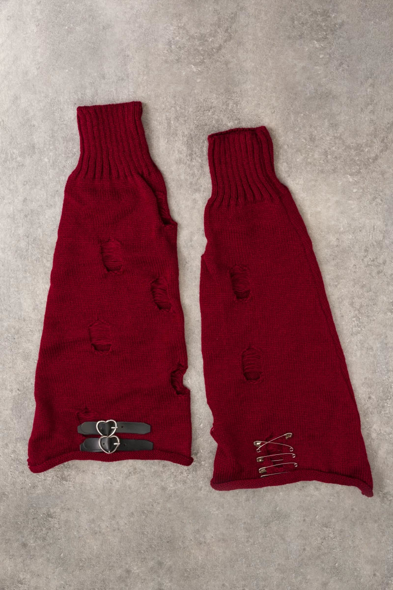 Dark Red Distressed Buckle Leg Warmers by Strange Sugar - product view 6