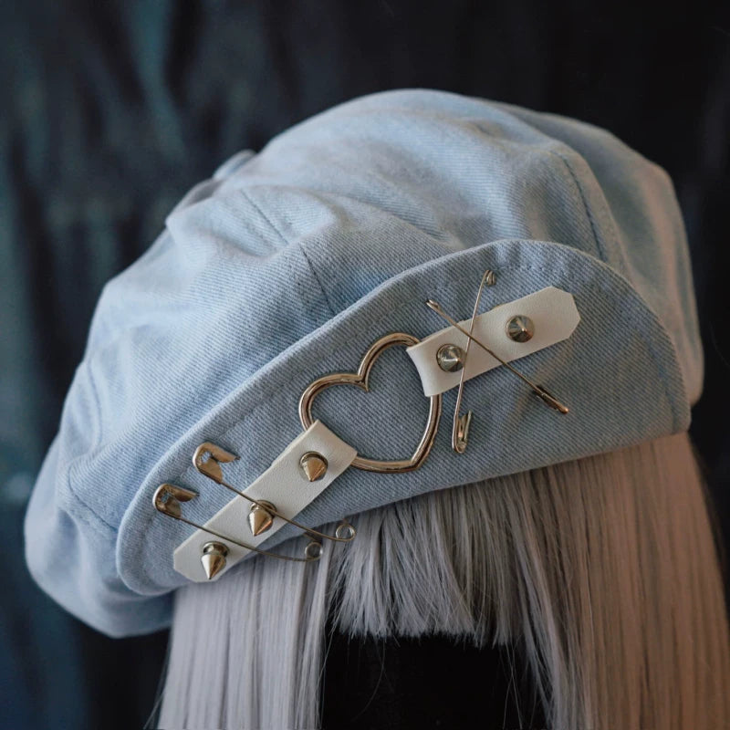 Denim and Lace Heart Buckle Berets by Strange Sugar - product view 4