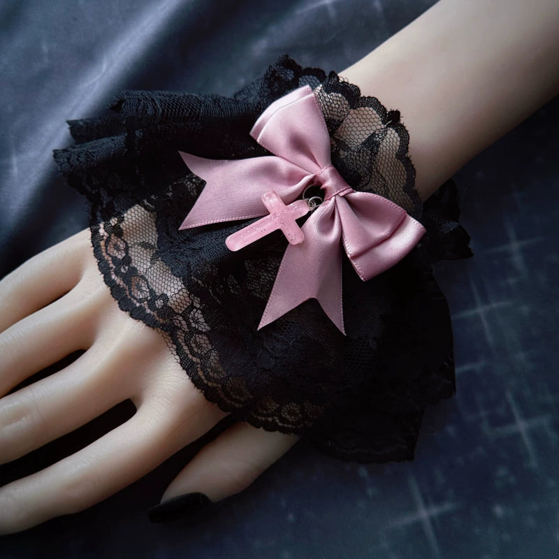 Pink Bow Cross Lace Wrist Cuffs by Strange Sugar - product view 3
