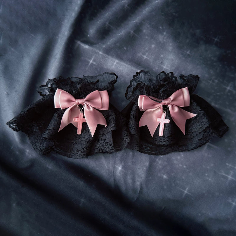 Pink Bow Cross Lace Wrist Cuffs by Strange Sugar - product view 6